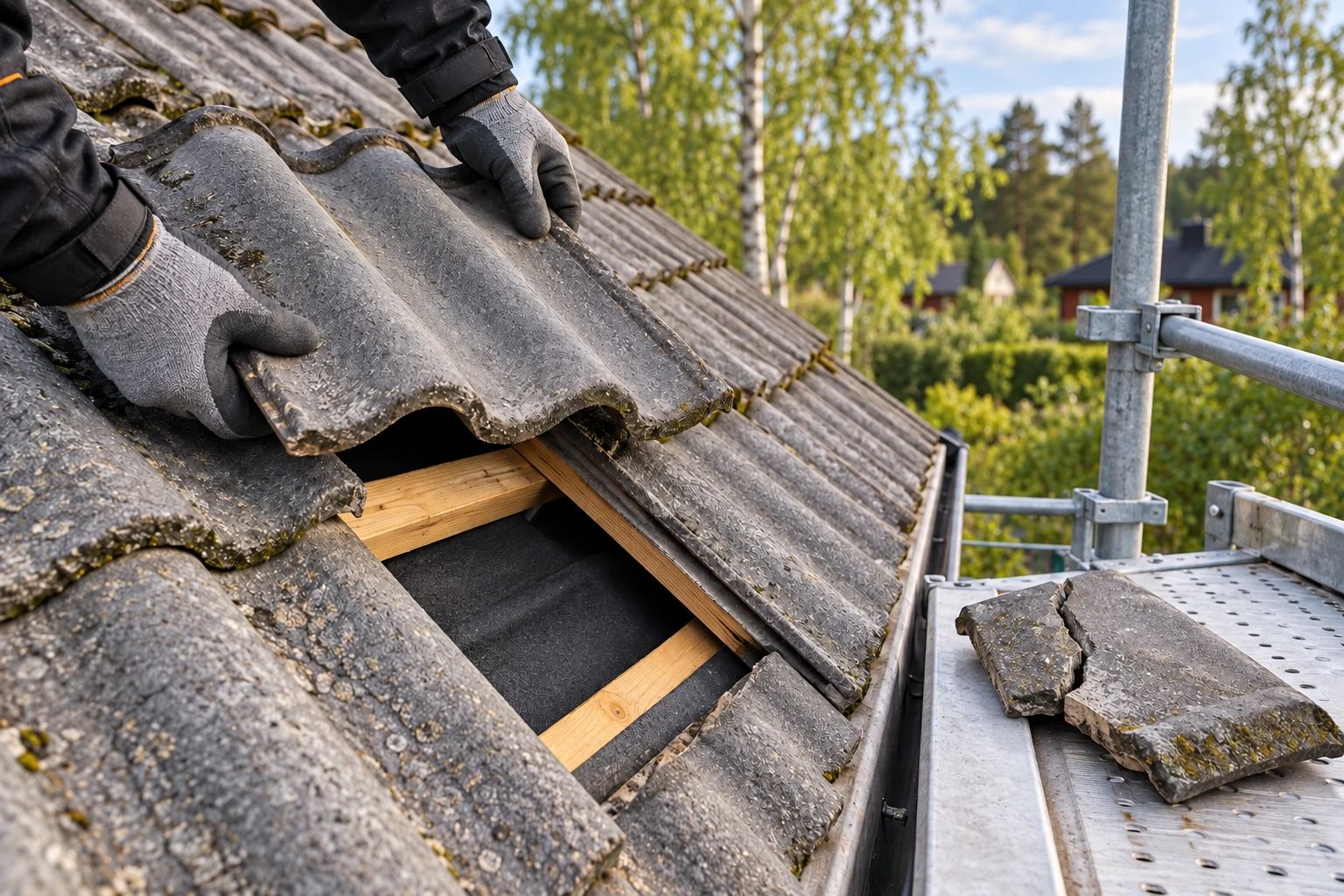 En skadet betongtakstein erstattes med en hel stein over lekten.